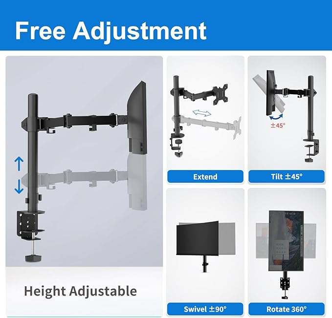 H&C(hcck&Cllassp) Single Monitor Mount, Desk Mount with Swivel, Tilt, Rotation, Height Adjustable, VESA Mount for 17-27” Monitors up to 17.6 lbs, Monitor Stand with C-Clamp, Black
