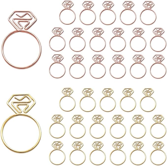 OWLFAVO 36pcs Diamond Ring Shape Paper Clips with Clear Box, Rose Gold and Yellow Gold, Funny Cute Paperclips Bookmarks Planner Clips for Fun Office Supplies College Gifts Wedding Decoration