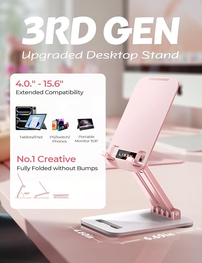 LISEN Pink Desk Accessories for iPad Office Supplies Desk Decor for Women, for Him Tablet Stand Vanity Accessories Video Zomming Face Time Free Hands