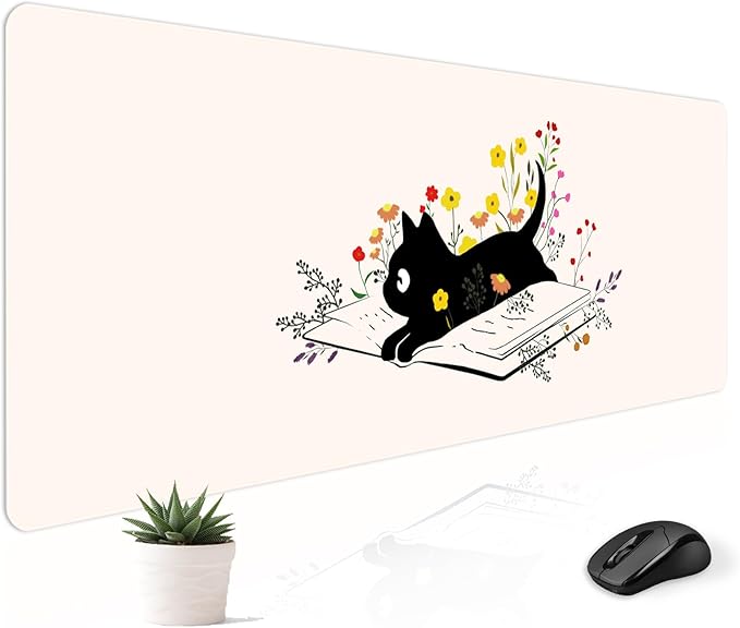 Mousepad Desk Mat Gaming Large Keyboard Cute Office Desktop Computer Laptop XXL Long Big Kawaii Aesthetic Girly Pretty Design Women Girl Gamer Oversized Wide 30x12'' Mousepad, Cat Book