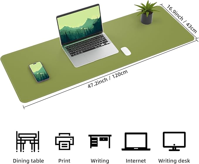 Leather Desk pad Protector, Large Desk mat with Natural Cork & PU Leather,Mouse pad,Non-Slip Office Desk Mat,Waterproof Desk Writing Pad for Office and Home (47in*17in, Olive Green)