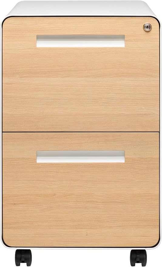 Laura Davidson Furniture Stockpile 2 Drawer Mobile File Cabinet with Lock - Under Desk Metal Filing Cabinet, Legal/Letter File Folders, Wheels and Stationary Feet, Pre-Assembled, White/Wood