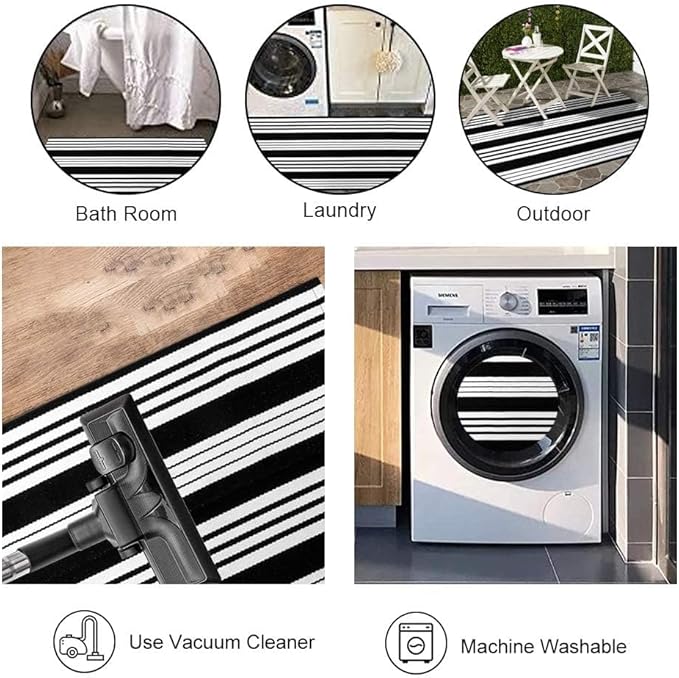 OJIA Cotton Black and White Striped Rug 2x4 Hand-Woven Indoor/Outdoor Area Rug Layered Door Mats for Front Porch/Entryway/Laundry Room/Bedroom/Outdoor
