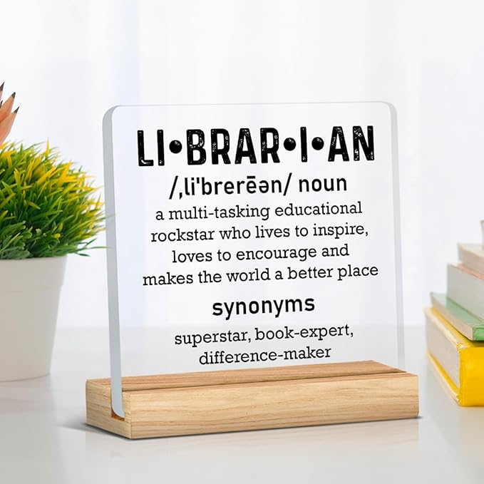 Librarian Gifts for Women Men, Birthday Gifts for Book Lover Bookworm, Librarian Definition Acrylic Desk Sign Decor