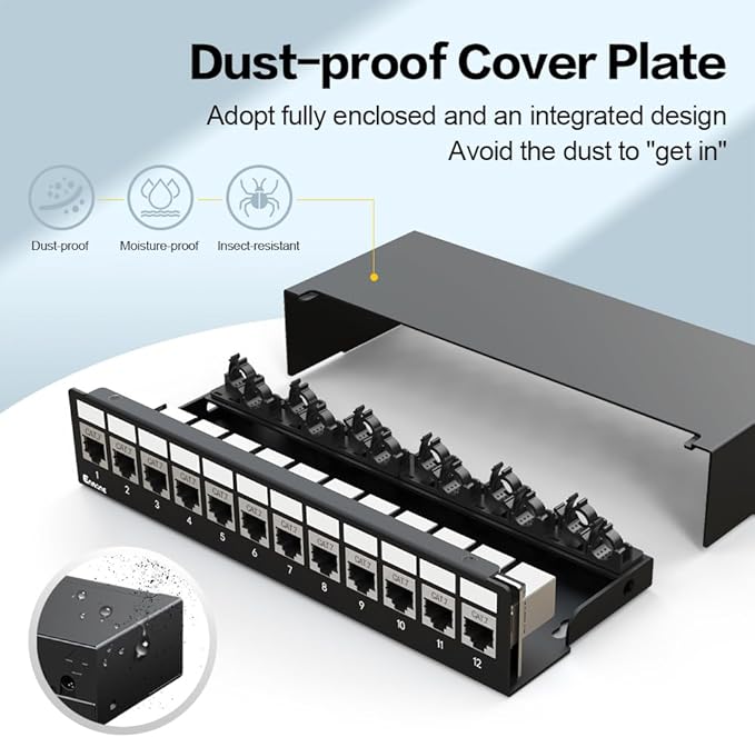 12Port Patch Panel CAT7 Keystone Patch Panel Shielded Network Patch Patch with Smart Cable Management for Home/Office Network (1U 12Port, CAT7)