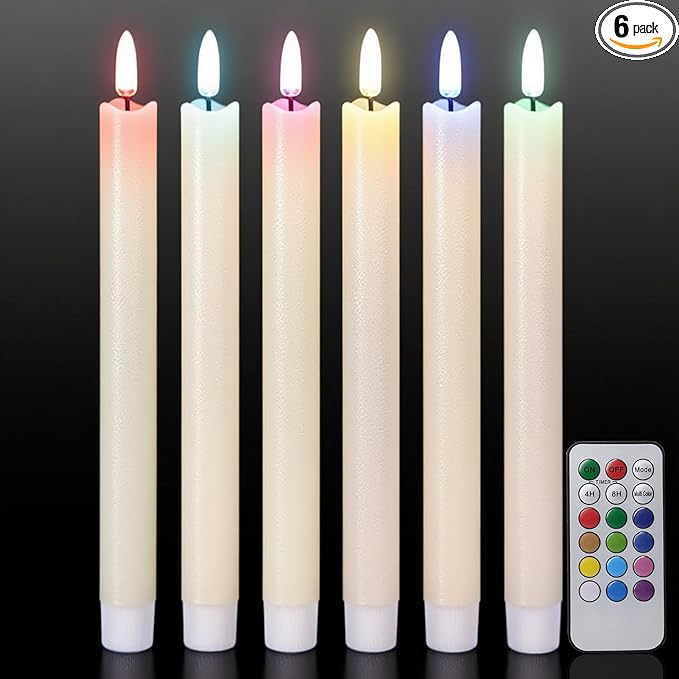 GenSwin Flameless Taper Candles with Remote, Real Wax and Color Changing Wick LED Taper Candles Battery Operated, 6 Pcs Flameless Candlesticks for Halloween Christmas Decor(Ivory, 0.78”x9.6”)