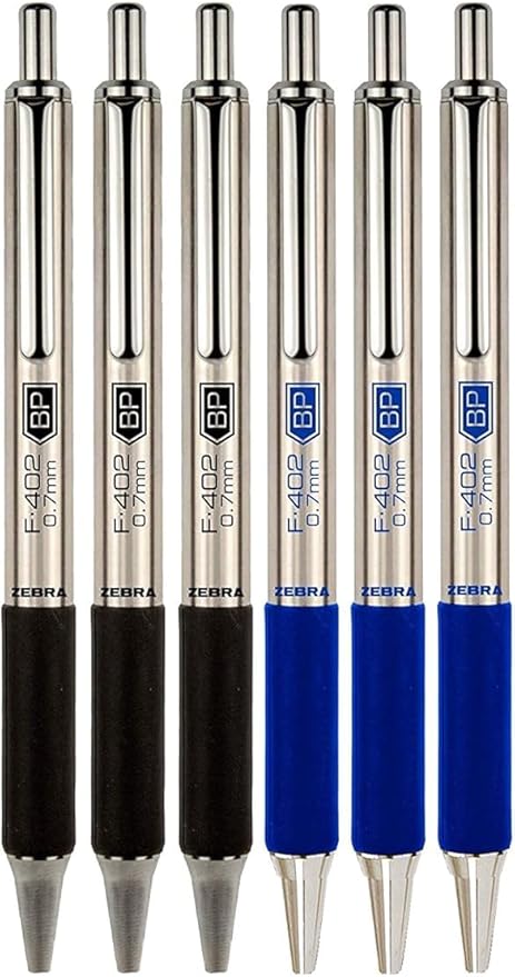 Zebra F-402 Ballpoint Stainless Steel Retractable Pen, Fine Point, 0.7mm, Black/Blue Ink, 6-Count Bundle with Plastic Reusable Pouch