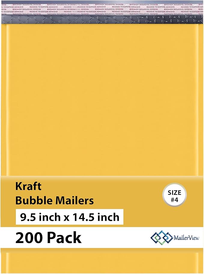 Large Kraft Bubble Mailers 9.5x14.5 inch #4 | Self Seal Padded Envelopes Cushioned Bubble Mailer | Usable Size 9.5x13.5 | Lightweight mailing Shipping Bags | 200 Pack Bulk | USA Made