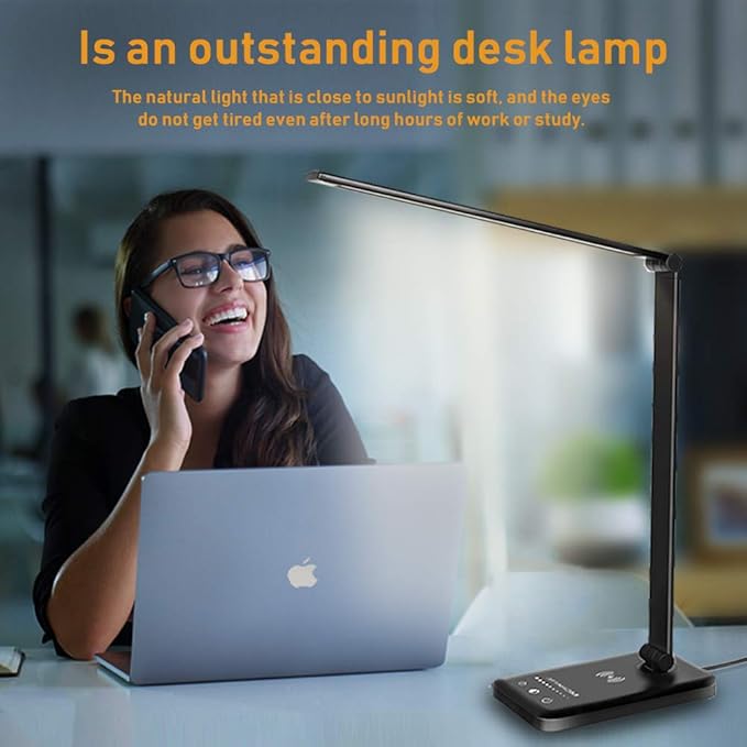 LED Desk Lamp with Wireless Charger, USB Charging Port, Dimmable Eye-Caring Desk Light with 5 Brightness Levels & 5 Lighting Modes, Touch Control, Auto Timer (Black)