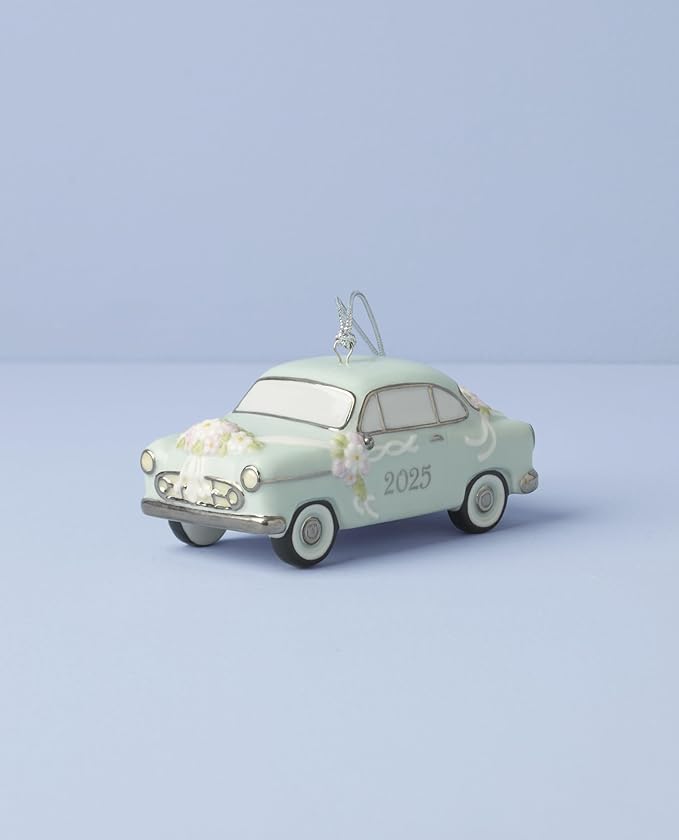 Lenox Ornament, 2025 Just Married Vintage Car Christmas Ornament, Made from Porcelain, Christmas Decorations with Silver Accents and Hanging Cord, Winter Decor, Tree Decor, Car Design (Blue, 1 Piece)