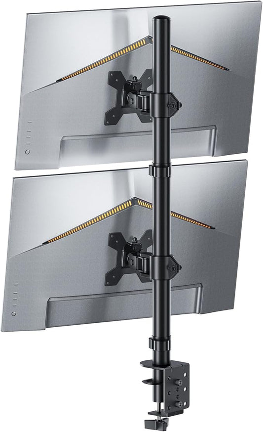 Dual Monitor Stand for 13-27'' Monitors, Vertical Stack Screen Free-Standing Monitor Riser with Swivel, Tilt, Height Adjustable, Holds One (1) Screen Up to 35Lbs, 75x75/100x100 VESA, C-Clamp
