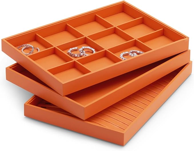 Oirlv Luxury Leather Jewelry Tray Orange Stackable Jewelry Drawer Organizer Trays Bracelets Bangles Watches Storage