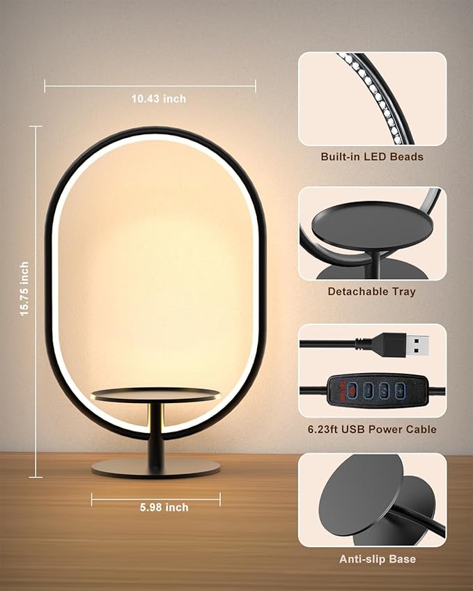 Modern LED Table Lamp with Storage Tray, Bedside Lamp with 3 Color Temperatures 10-Level Dimmable for Video Conference/Makeup/Streaming/Plants, LED Desk Lamp for Living Room Bedroom Office Decor