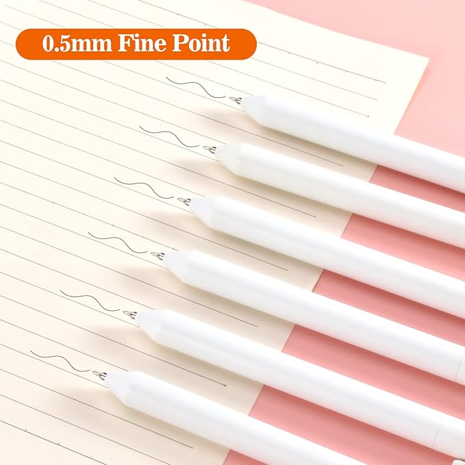 BAYTORY 8Pcs Rotatable Gel Pens, 0.5mm Fine Point Black Ink Pen, Smooth Writing Quick Dry Gel Ink Pens for Journaling Note Taking Sketching (White)