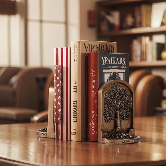 Large Vintage Bronze Finish Tree of Life Bookends Set, 2 Non-Skid Heavy Bookends for Shelves or Bookcase, Decorative Bookends for Desktop Shelf Decor, Library Office Decor, Home Décor Gift