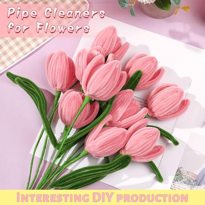 Pipe Cleaner Flowers Pink Pipe Cleaners Set Chenille Stems Green Pipe Cleaner Flower Kit Pipe Cleaners Bulk with Floral Wire Instructions for DIY Art and Craft Projects Creative(10 Flowers)