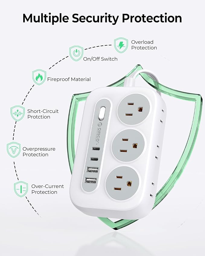 ORICO Surge Protector Power Strip, Multiple Outlets Extension Cord with 6 AC Outlets 2 USB-A and 2 USB-C Ports, 5 ft Flat Plug Power Strip, Mountable Outlet Extender for Dorm/Office/Home- OG