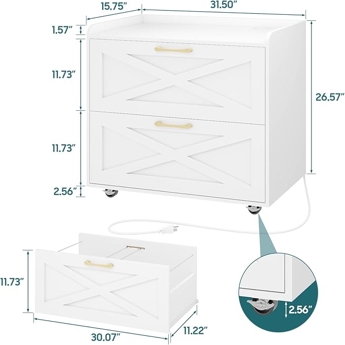 Lateral File Cabinet 2 Drawers Mobile File Cabinet with Charging Station for Letter/Legal/A4 Size Hanging Files, Large Wood File Storage Cabinets Printer Stand for Home Office, Simple White