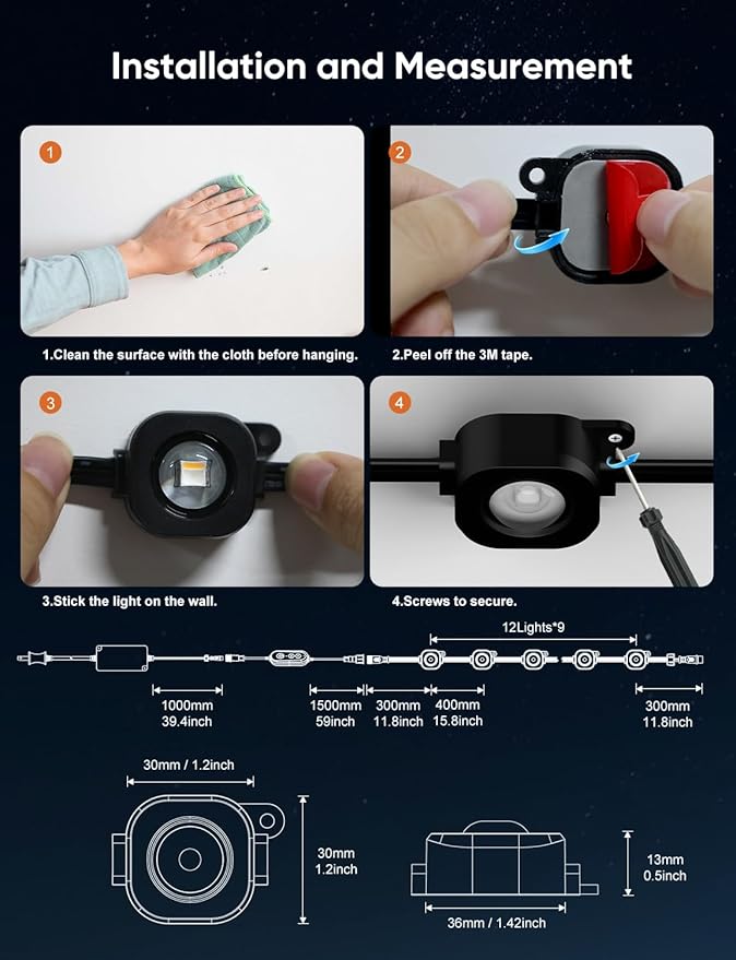 Permanent Outdoor Lights 150ft,RGBW Eaves Light with 108 LED Lights,111+ Scenes Modes Outdoor Lighting, Waterproof Permanent Light for Daily Holiday Halloween Decorations, Compatible with Alexa,Black