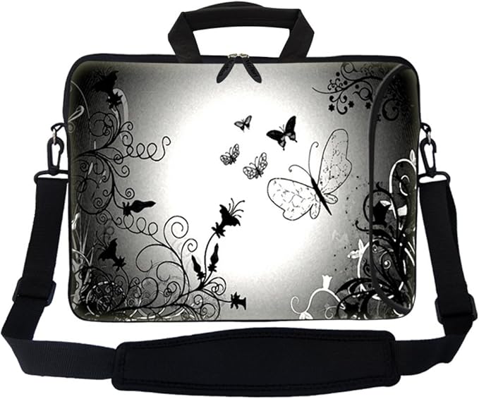 Meffort Inc 17 17.3 inch Neoprene Laptop Bag Sleeve with Extra Side Pocket, Soft Carrying Handle & Removable Shoulder Strap for 16" to 17.3" Size Notebook Computer - Black Gray Butterfly Design