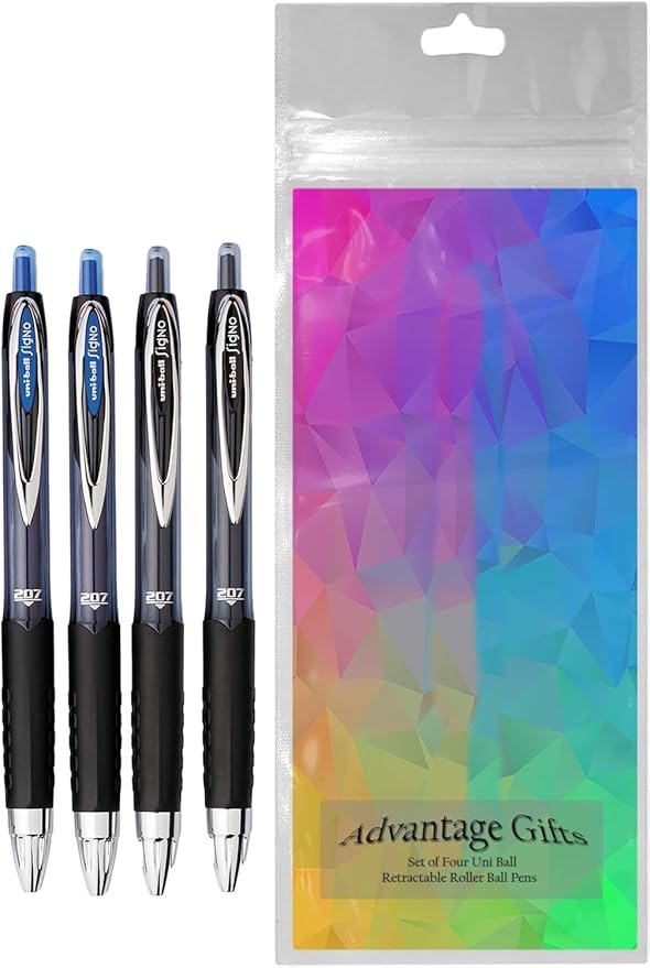 Signo 207 Roller Ball Retractable Gel Pens, Medium Point (0.7mm), Black And Blue Ink, 4 Count, Bundle with Plastic Reusable Pouch