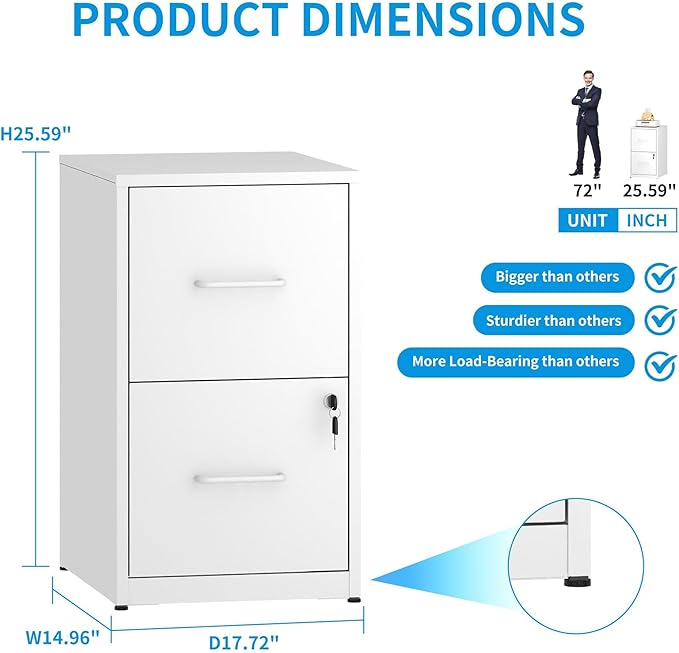 2 Drawer File Cabinet with Lock, Vertical Metal Filing Cabinet Under Desk Storage, Small Locking File Cabinets for Home Office, Legal Letter Folders Storage, Easy Assemble(White)