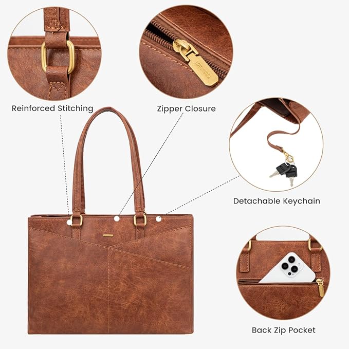 LOVEVOOK Laptop Bag for Women 15.6 Inch Tote Bags Waterproof Leather Briefcase Computer Women Business Office Work Bag,Vintage Brown