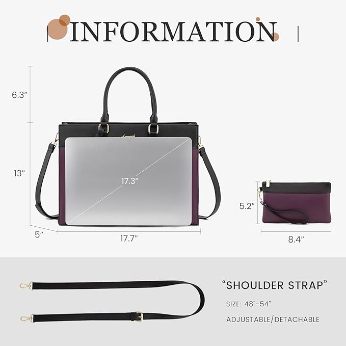 LOVEVOOK Laptop Bag for Women, 17.3 inch Laptop Tote Work Bag Purse, Large Waterproof Leather Computer Briefcase for Office, Purple-Black