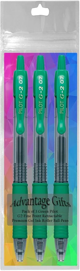 G2 Retractable Premium Gel Ink Roller Ball Pens Fine Point Fine Point (.7mm) Green Ink 3-pk; Refillable & Premium Comfort Grip Bundle with Plastic Reusable Pouch