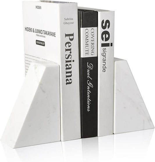 Marble Bookends for Heavy Books, Decorative Book Ends for Shelves, White Stone Durable and Heavy-Duty Book Ends for Hardback Books & CDS, Unique Book Stopper & Holder, Set of 2