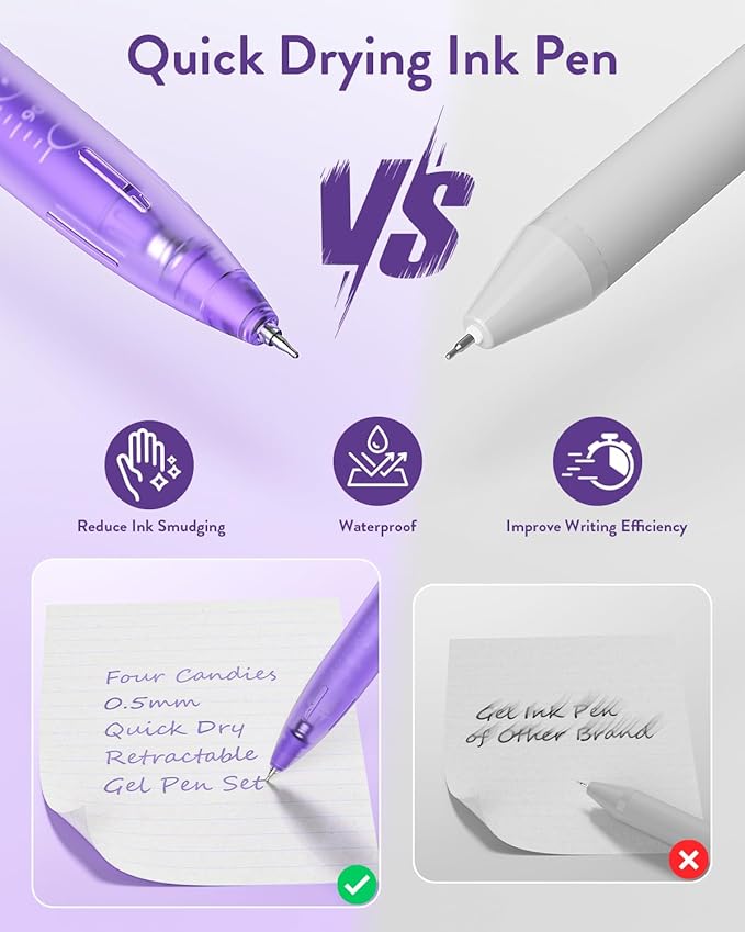 Four Candies 12Pack 0.5mm Quick Dry Retractable Gel Pen Set, Cute Transparent Fine Point Multicolor Note Taking Aesthetic lnk Pens, Comfort Grip 12 Ink Colors Drawing Writing School Office Home