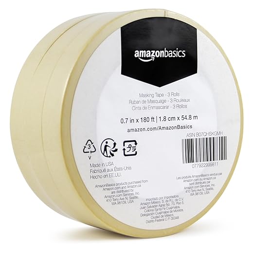Amazon Basics Masking Tape, Pack of 3 Rolls, Beige, 0.7 inch x 180 feet