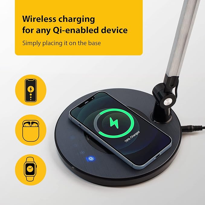 OTUS Desk Lamp for Home Office with Wireless Charger | LED Adjustable Architect Swing Arm Task Light for Computer Desk, Reading, Study & Video Calls | Dimmable Eye-Care Panel with Smart Memory