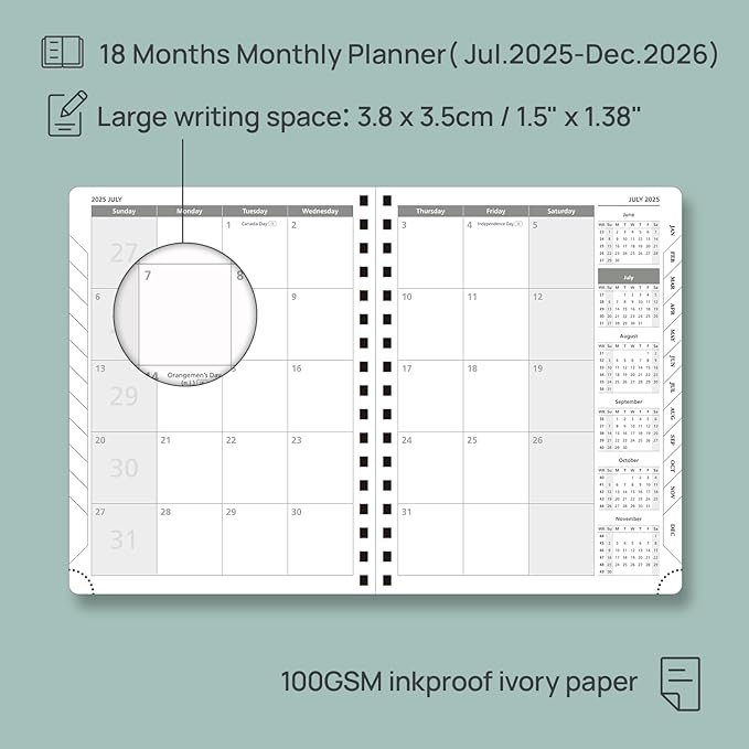 POPRUN Monthly Planner 2025-2026 Spiral Bound (6.5" x 8.5") 18 Months Calendar (Jul 2025 - Dec 2026) - 4 Pages per Month with Monthly Expense & Notes, Sunday Start, Leather Cover - Pacific Green