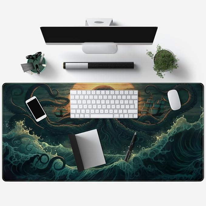 Octopus Anime Desk Pad Ocean Large Mouse Pad Gaming, Extended Kanagawa Desk Mat Pad XL Mousepad 31.5" X 15.7 ", with Anti-Slip Desk Keyboard Stitched Edges Long Computer Keyboard Mat