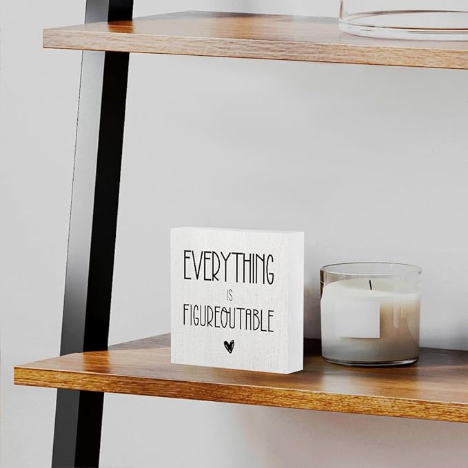 mmiishe Everything Is Figureoutable Wooden Box Sign Decorative Inspirational Farmhouse Wood Box Sign Home Office Decor Motivational Gift Rustic Square Desk Decor Sign for Shelf 5 x 5 Inches
