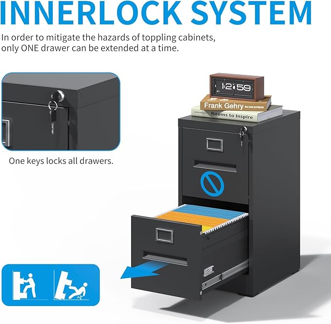 2 Drawer File Cabinet with Lock and Card Slot, Vertical Metal Filing Cabinet for Home Office Under Desk Storage for A4 Legal/Letter Folders,Silent Sliding Drawers, Assembly Required (Black)