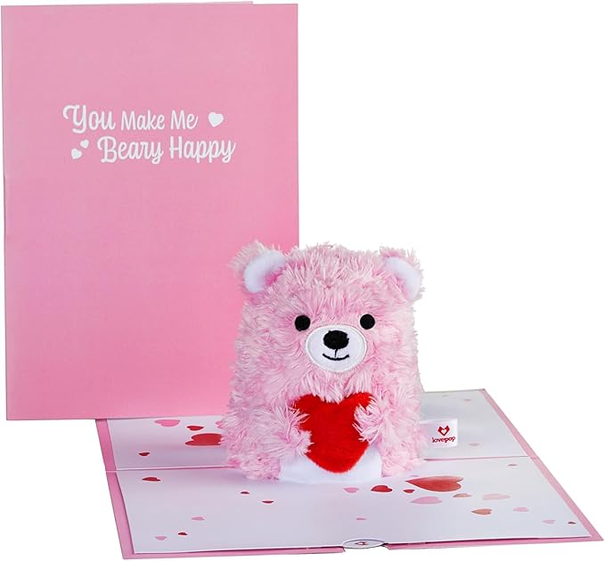Lovepop Plushpop Soft Animal Pop-Up Card for Her and Him - 3D Bear Everyday Greeting Card for Boys, Girls, Men, Women - Beary Happy - 6" x 8" Card - Pink