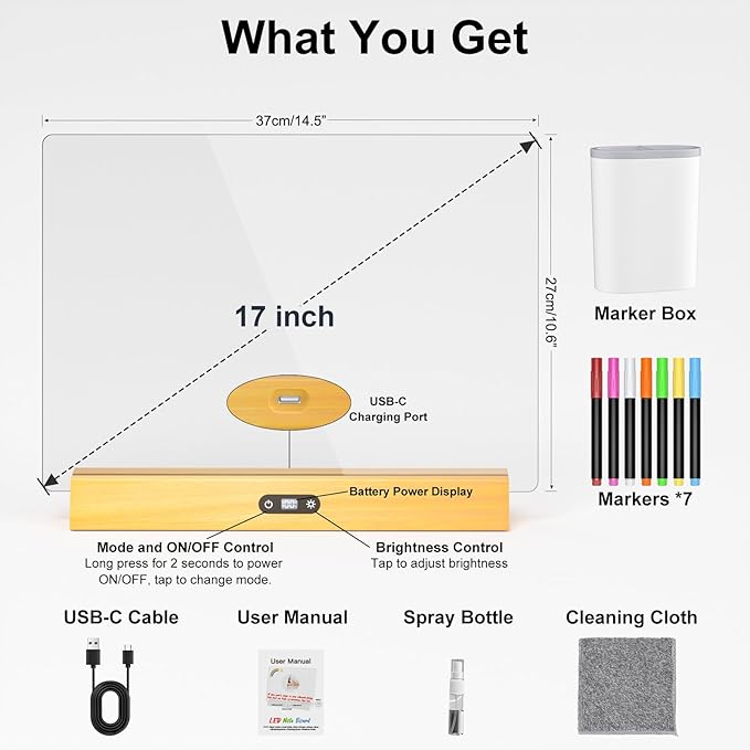 LED Note Board with Colors, Rechargeable 17-Inch Doodle Glow 9-Mode Light Up Desk Sign Letter Message Memo Drawing Dry Erase Board for Classroom/Home Decor/Office/Gifts, 5 Markers & Tracing Book