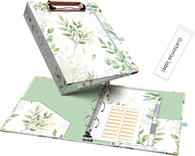 Ospelelf Mini Binder 3 Ring 1 Inch, Green Floral Round Ring Clipboard Binder with 5 Tab Dividers, for School and Office Supplies, Greenleaf