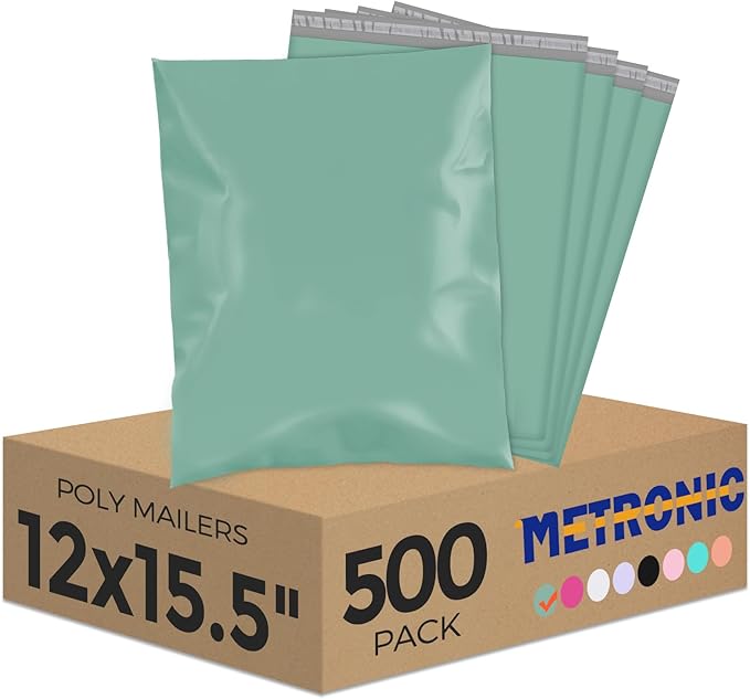 Metronic Poly Mailers 12X15.5 500Pack, Strong Adhesive Shipping Envelopes for Clothing, Waterproof Shipping Bags for Small Businesses, Flexible Mailers Poly Bags, Grayed Jade Green