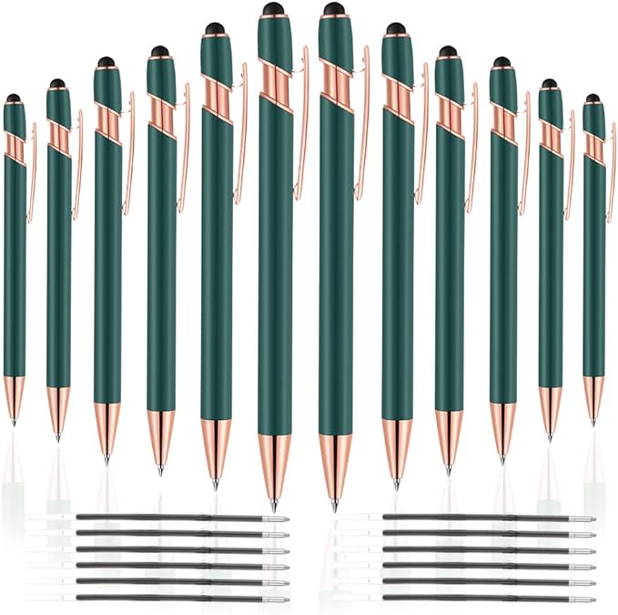 12 PCS 2 in 1 Stylus Ballpoint Pen with Stylus Tip, 1.0 mm Black Ink Metal Pen Stylus Pen for Touch Screens (Rose Gold & Green)
