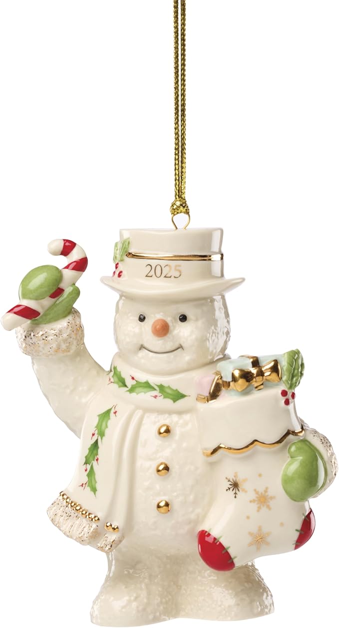 Lenox Ornament, 2025 Snowman with Stocking Christmas Ornament, Made from Porcelain Featuring Gold Accents and Hanging Cord, Snowman with Stocking Design, Christmas Tree Decorations (White, 1 Piece)