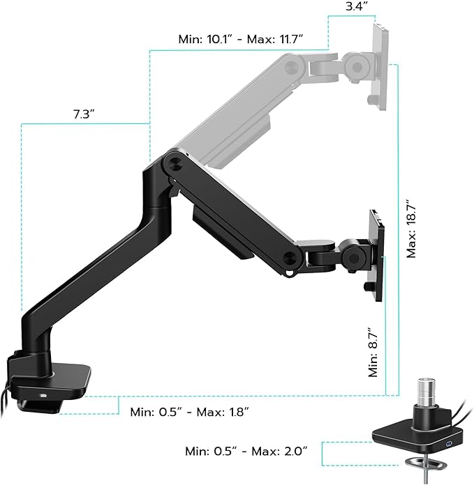 ARES WING Ultrawide Monitor Arm with USB A/C, for 17 to 49 inch Heavy Duty Screen, Holds 44 lbs, Adjustable Gas Spring Arm Desk Mount with Clamp and Grommet Base, Black