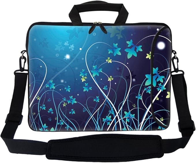 Meffort Inc 17 Inch Neoprene Laptop Bag with Extra Side Pocket, Soft Carrying Handle & Removable Shoulder Strap Fit 16" to 17.3" Size - Blue Mini Flower Swirl