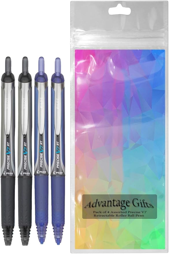 Precise V7 RT Retractable Rolling Ball Pens, Fine Point (.7mm), Assorted Colors Black/Blue Ink, 4-pk; Premium Comfort Grip, Bundle with Plastic Reusable Pouch
