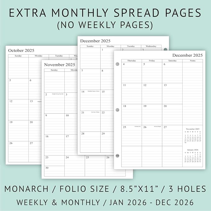 newestor 2026 Weekly Planner Refills for 3-Ring Binder with Monthly Tabs, Two Pages Per Week, 8-1/2" x 11", Folio Size 5 / Monarch
