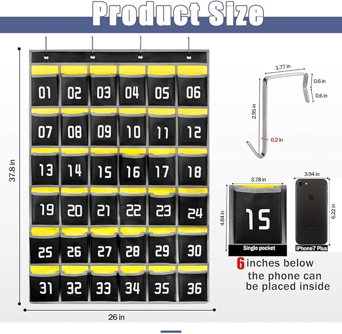 Loghot Numbered Classroom Sundries Closet Pocket Chart for Cell Phones Holder Wall Door Hanging Organizer (36 Pockets Black 2Pc)