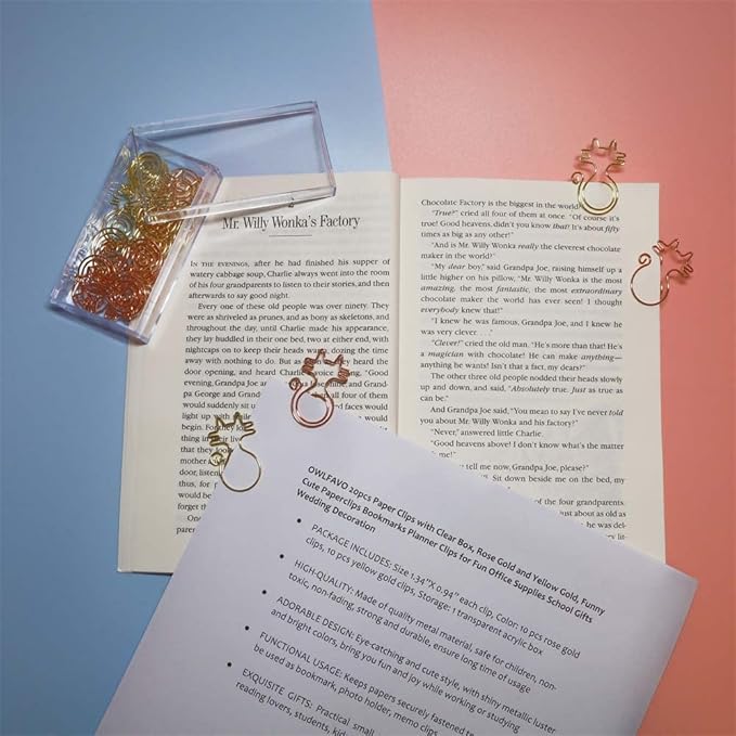 OWLFAVO 40pcs Cat Shape Paper Clips with Clear Box, Rose Gold and Yellow Gold, Funny Cute Paperclips Bookmarks Planner Clips for Fun Office Supplies School Gifts Wedding Decoration