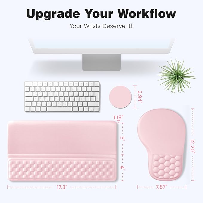 Ospelelf Ergonomic Mouse Pad and Keyboard Stand Wrist Rest Set, Memory Foam Comfort, Pain Relief for Typing, Office Desk Accessories, Pink